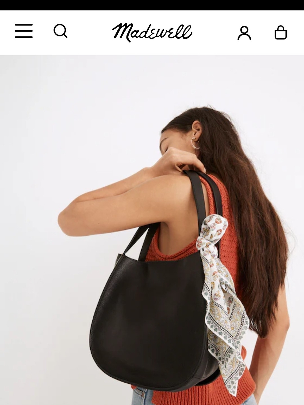 Madewell Sydney Black Leather Shoulder Bag with Patterned Scarf Accent